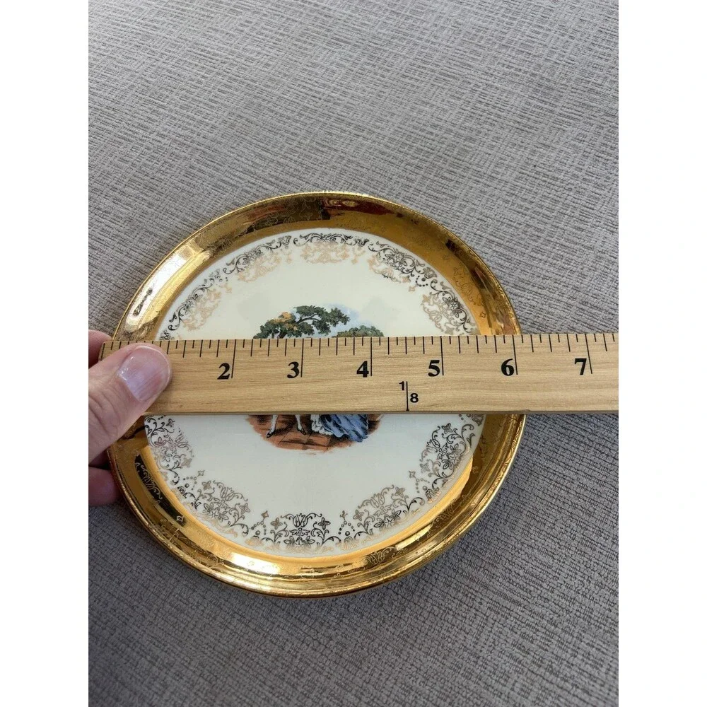 Vintage Sabin Crest-O-Gold Dessert Plates Set Of 4 Courting Couple 22K Gold